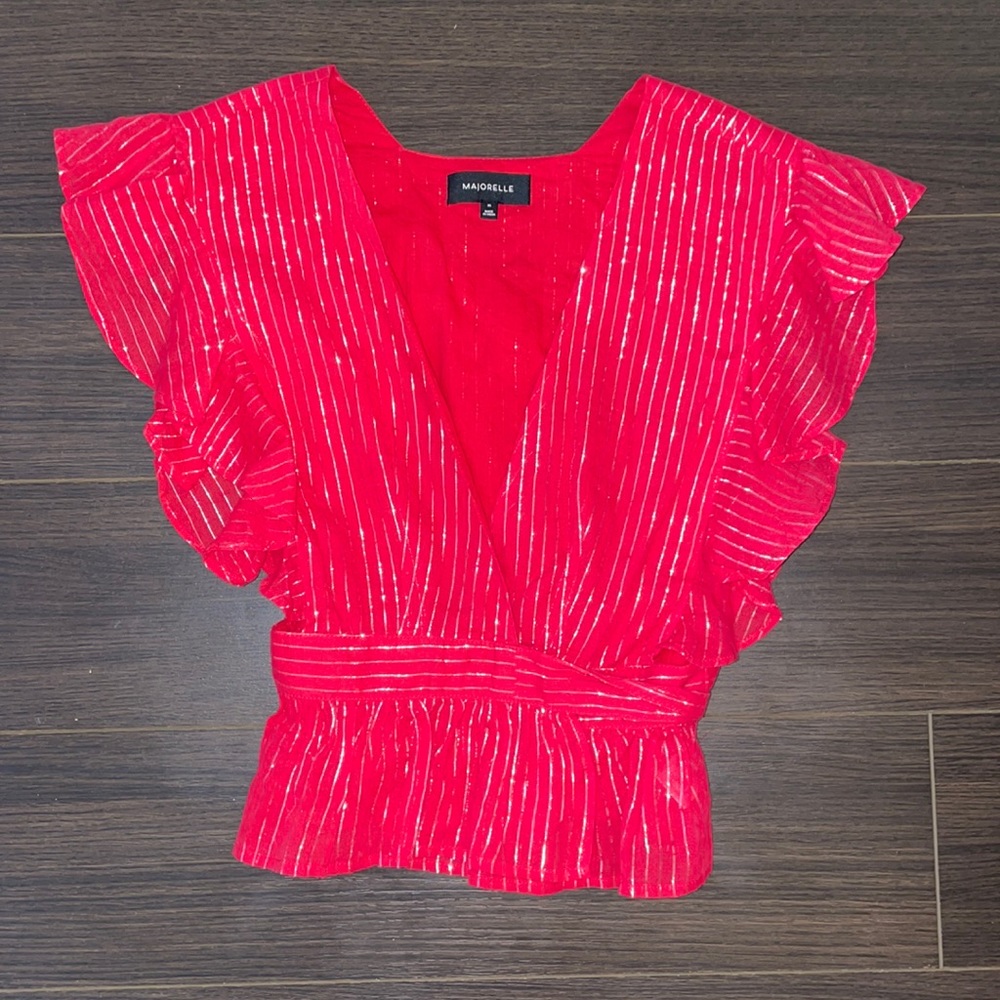 Red with silver pinstripes cross tie sleeveless shirt